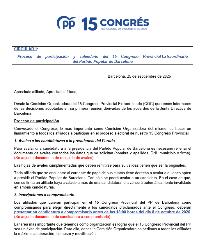 Proceso de participación y calendario del 15 Congreso Provincial Extraordinario del Partido Popular de Barcelona Image